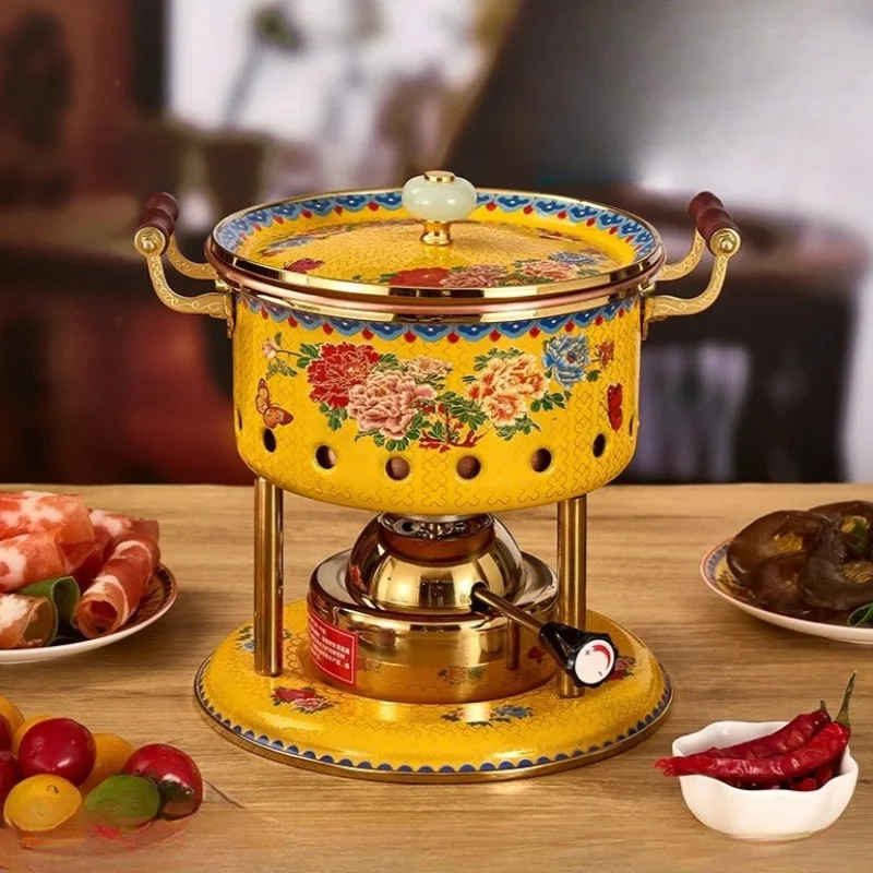 

Cloisonne Inflatable Mini Chinese Hotpot, One Person One Pot ,High-end Single-person Hot Pot Buffet with Household Alcohol Stove