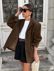 ZBZA Women Brown Retro Loose Blazer Jacket Lapel Single-breasted Long-sleeved Solid Short Outerwear Fall Winter Female Chic Coat