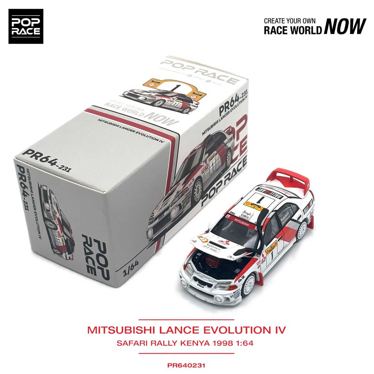 POP RACE En stock 1:64 PR640231 Mitsubishi Lancer Evolution IV # 1 Safari Rally Kenya 1998 avec capot ouvrable, modèle de voiture en métal moulé sous pression