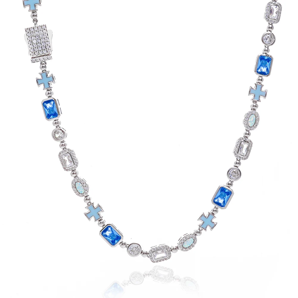 

2025 New Women's Necklace Color Cross Dripping Oil Craft Blue Cubic Zirconia Charm Jewelry Couple Festival Gift