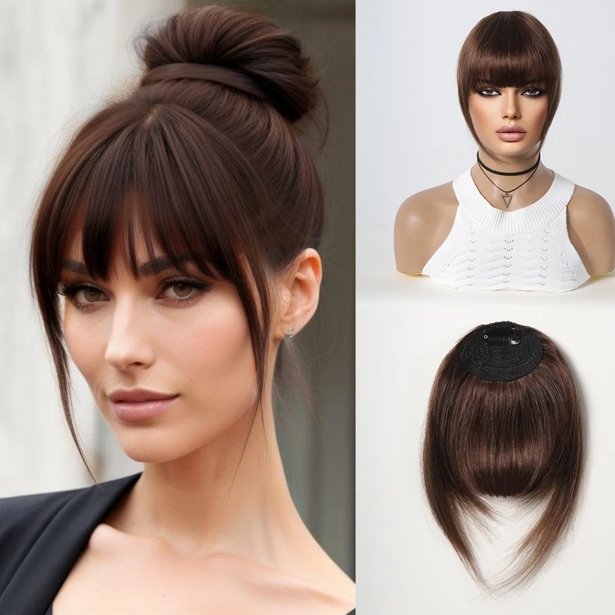 100% Real Human Bangs Dark Brown Fringe Clip in Hair Extensions Fake Air Bangs Clip on Curved Hairpieces for Women Daily Party