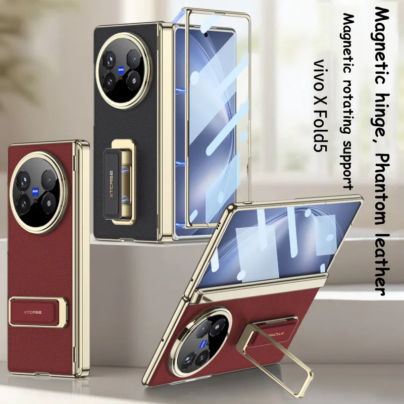 

Plating Leather Case For VIVO X Fold5 Fold 5 5G Magnetic Suction Hinge Protection Screen Protector Metal Stand Finger Grip Cover