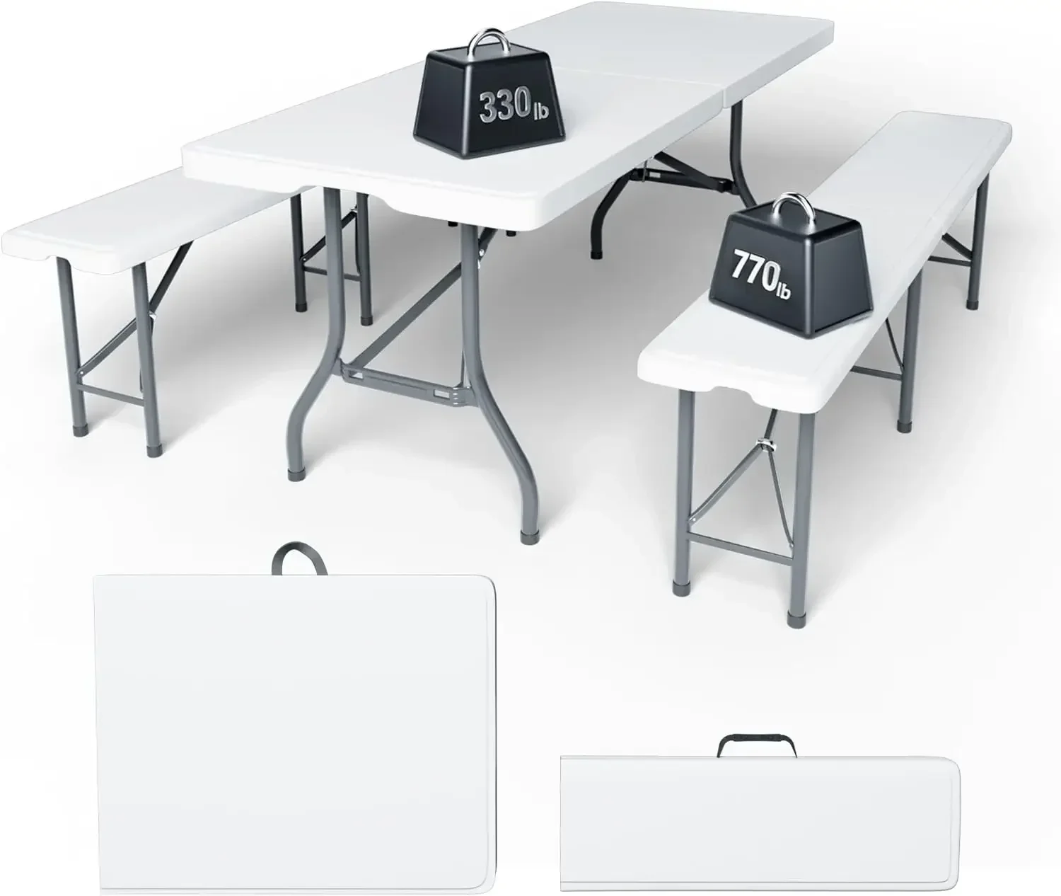 6FT Folding Table Set with 2 Folding Benches, Locking Safety Design, Heavy Duty HDPE Materials, 3-Piece Portable Folding Furnitu