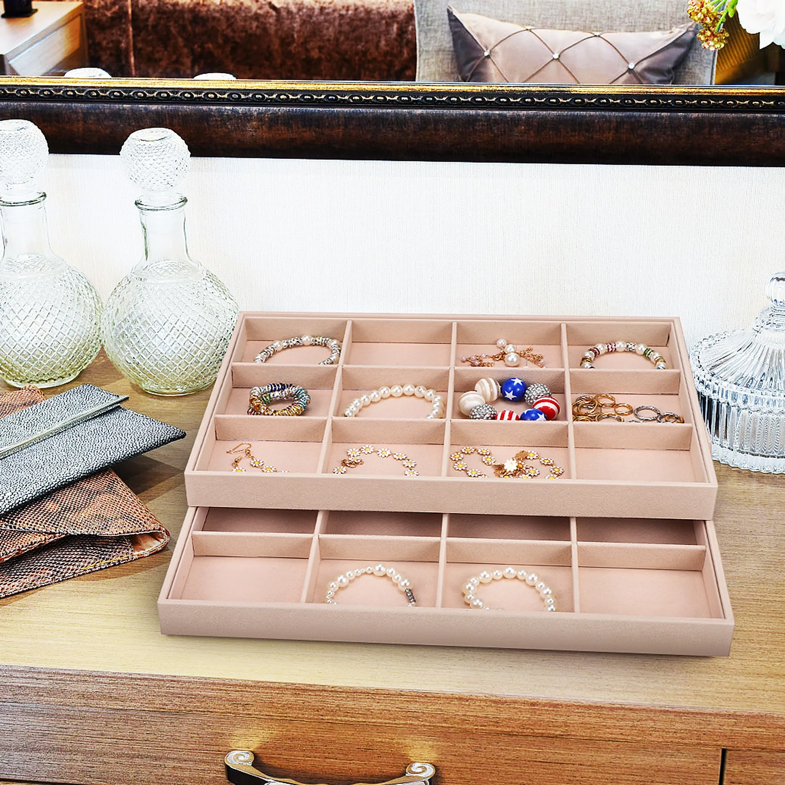2 Pcs Jewelry Tray Velvet Organizer Trays Holder Storage Drawers Hotel Supplies Stackable Insert Bracelet Display Stand Rack