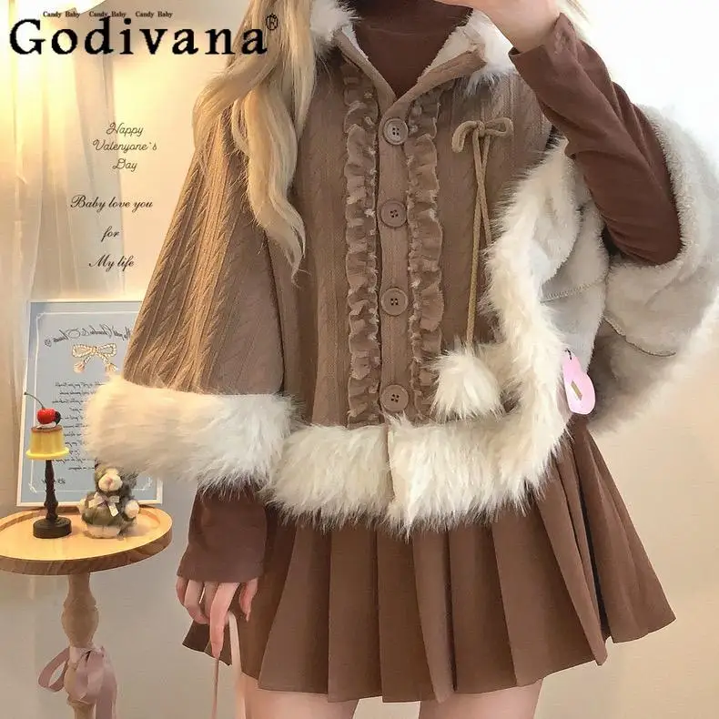 

Новинка зимы 2025 года, милый японский оригинальный плащ в стиле Лолиты для девочек, милое шерстяное пальто с куклой, свободное пушистое теплое пальто