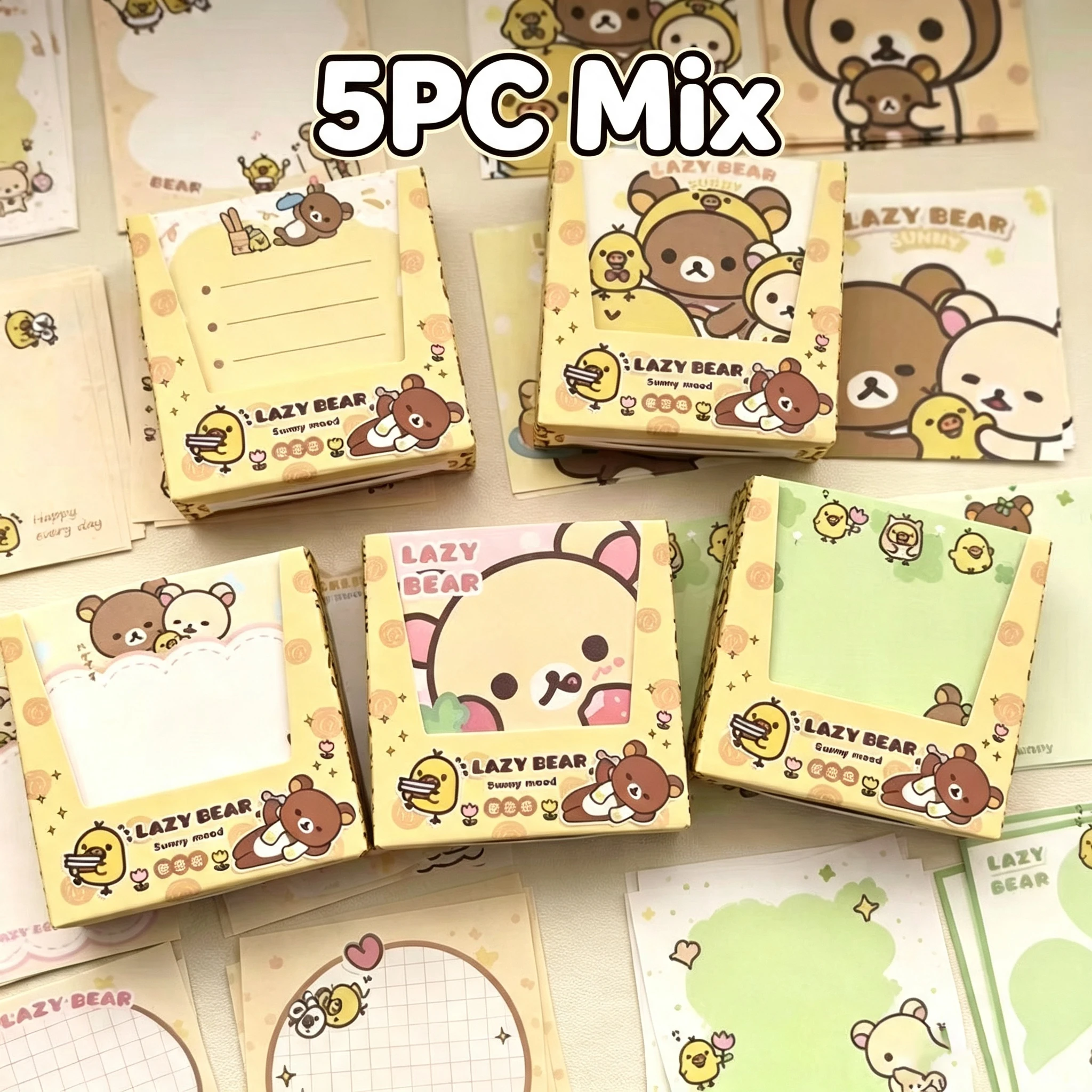 5PC Mix Japanese-style INS Cute Little Bear Boxed Memo Pads Cartoon High-Appearance Notes Non-Sticky Girl Student Notebook Paper