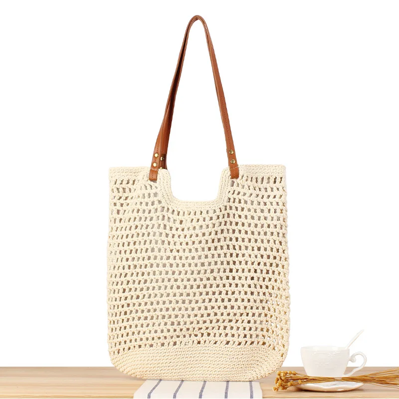 

YoReAi New Cotton Weave Straw Fabric Single Shoulder Bag Hollow Mesh Seaside Holiday Beach Shopper Tote Bags