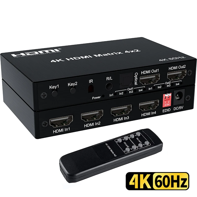 4K 60Hz HDMI Matrix Switcher 4x2 2x4 Matrix HDMI Switcher Splitter 4 in 2 out con estrattore Audio ottico da 3.5mm con telecomando IR