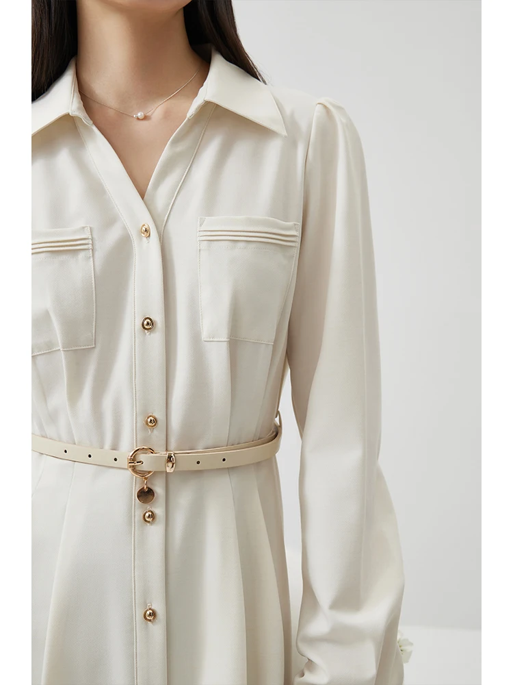 ZIQIAO French Commuter Style Shirt Dress for Women 2024 Spring New Mid-length Slim A-line Skirt with Belt Female 24ZQ91138