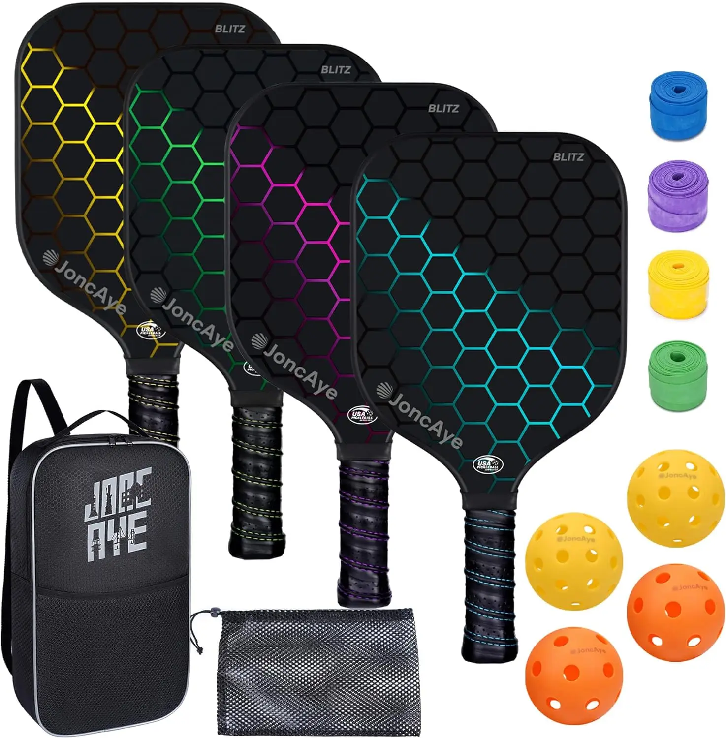 

Pickleball-Paddles-Set of 4 or 2 Rackets with Balls and Bag | USAPA Approved Pickle-Ball Equipment with Accessories | Fi