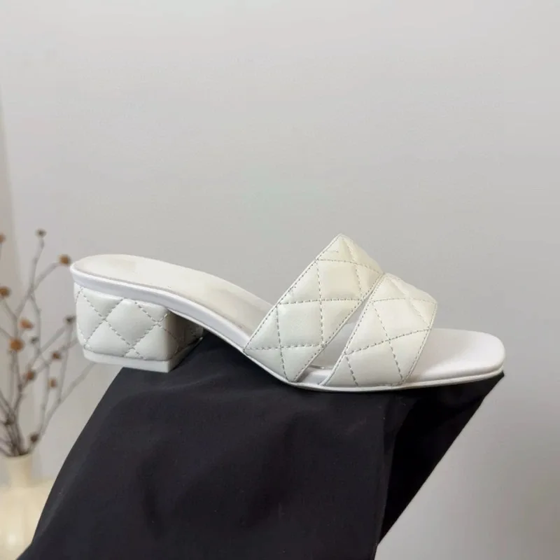 

2025 Summer New Black White Sandals Diamond Grid Casual Thick Heel Slip On Comfortable Outwear Slippers For Women Large Size