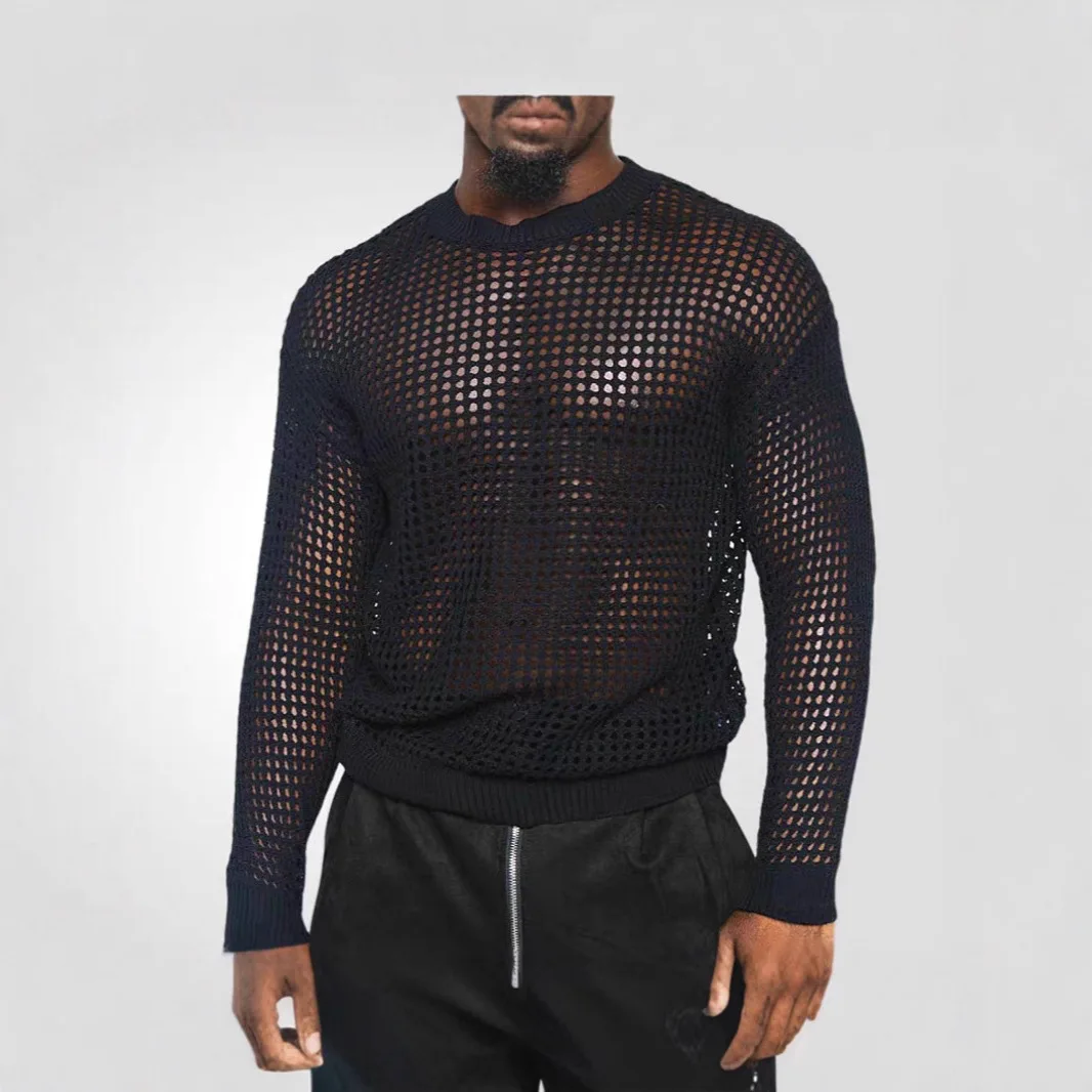 American Mesh Hollow Out See-Through Long Sleeve Mesh Knit Cardigan Men's Casual Sun Protection Top