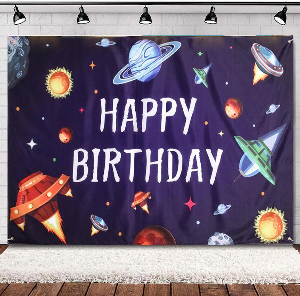 

Happy Birthday Party Photography Backdrop Banner Large Decorations Blue Universe Outer Space Background Poster Photo Booth