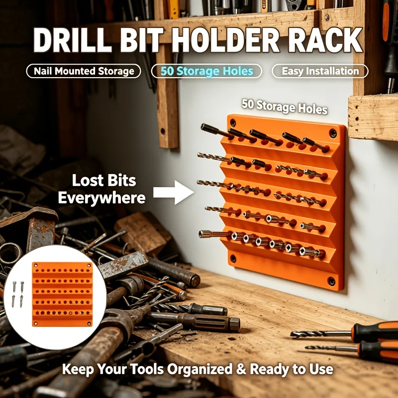 Robuster, an der Wand befestigbarer Bit-Organizer, sechseckiger Halter mit 50 Löchern für 6,3-mm-Bits, Werkzeugaufbewahrungsregal für Schraubendreher, wird geliefert mit – Detail 2