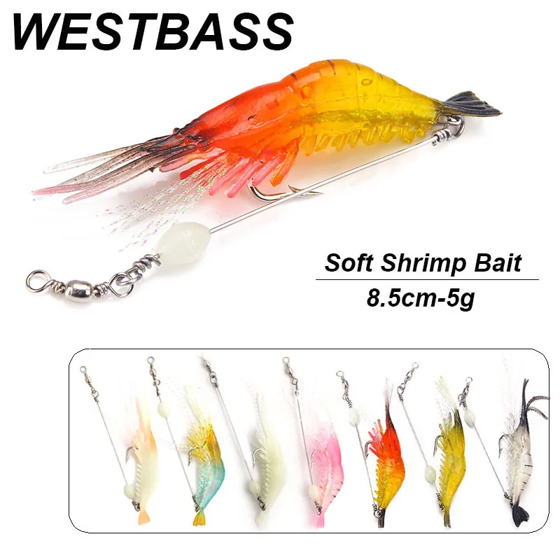 WESTBASS 1PC Luminous Bead Shrimp Bait 8.5cm-5g Sinking Soft Lure Silicone Larva Swimbait Weedless Prawn gummifische leurre cebo