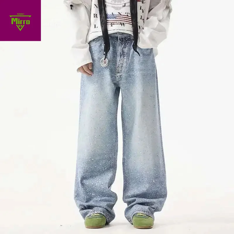 American Rhinestone Printed Design Vintage Jeans Men's Streetwear Hip Hop Mens Clothing Loose Wide Leg Pants Trendy