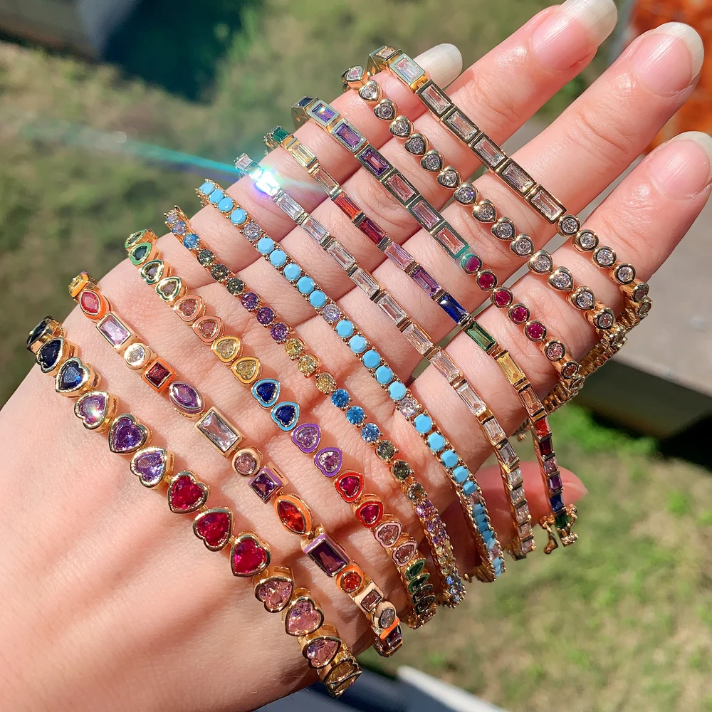 2025 New Trendy Sparking Bling Cz Pave Summer Delicate Jewelry Iced Out White Colorful Cz Tennis Chain Bracelet for Women Girl