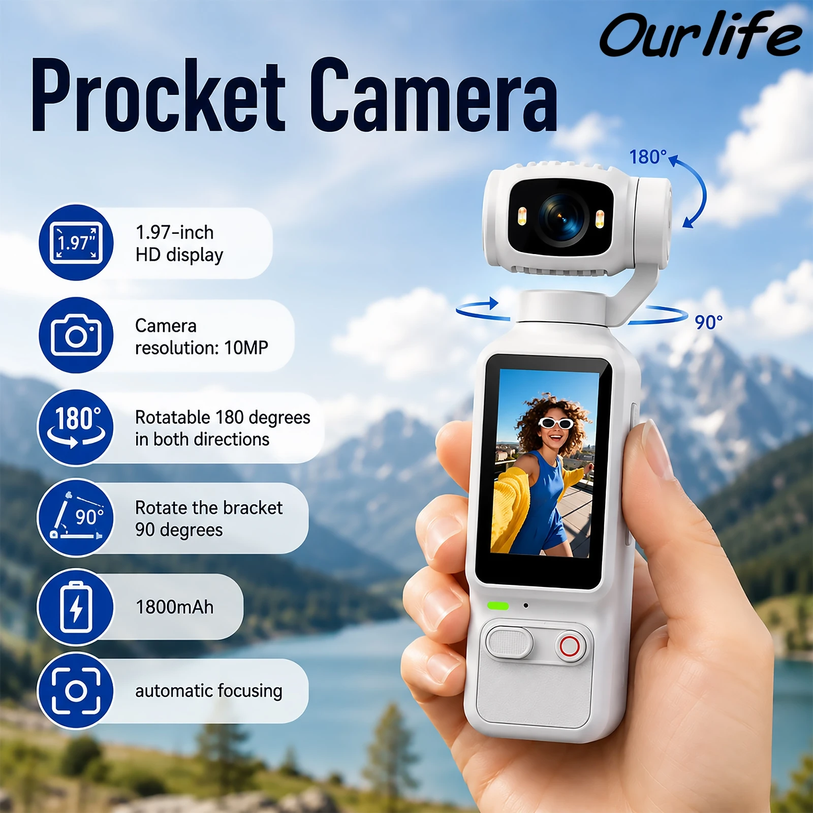 Ourlife 4K HD Handheld Outdoor Action-Kamera Tragbare Taschenkamera 180 ° Rotierende Action-Kamera für Vlog-Videoaufnahmen – Detail 1