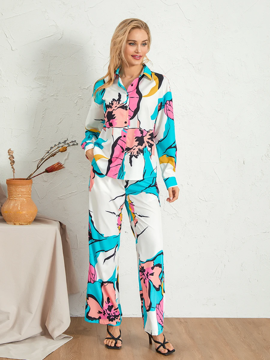 Elegante blusa con estampado floral y pantalones de pierna ancha a juego, conjunto elegante de ropa de oficina para mujer, traje de moda de otoño