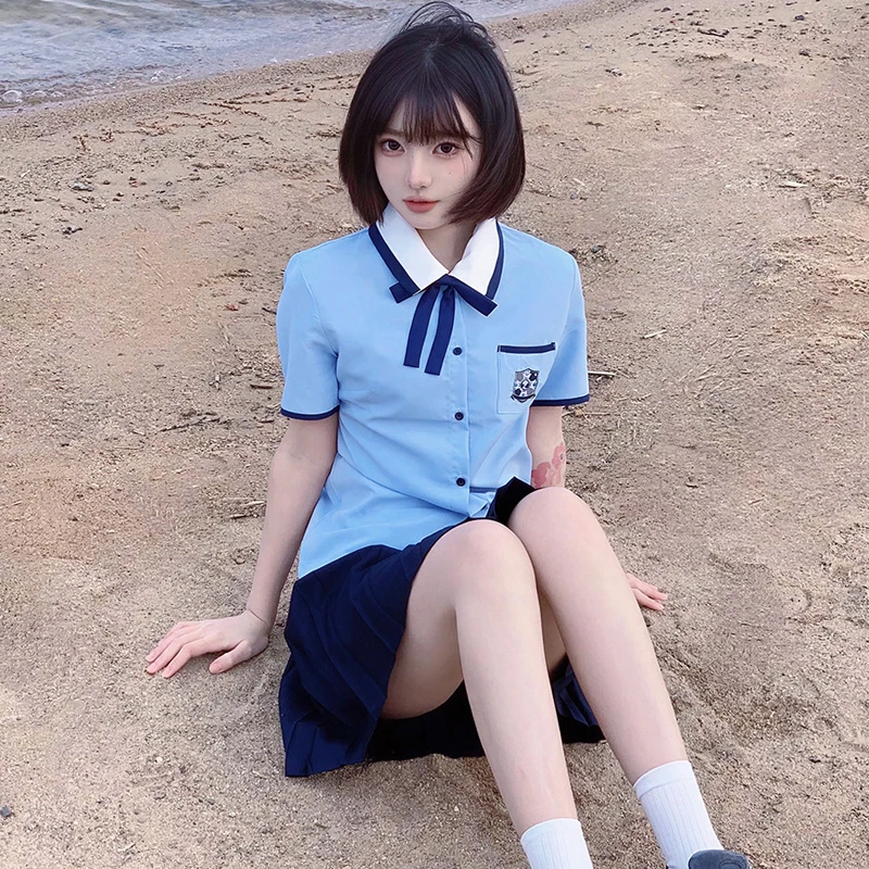 Uniforme chinês coreano jk, conjunto de manga curta para meninas, roupas de ensino médio de taiwan, camisa de marinheiro azul com saias plissadas
