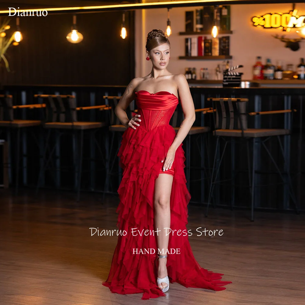 

Dianruo Red A Line Homecoming Dresses Tulle Ruffled High Slit Evening Gowns High Quality Sweetheart Cocktail Dresses Customized