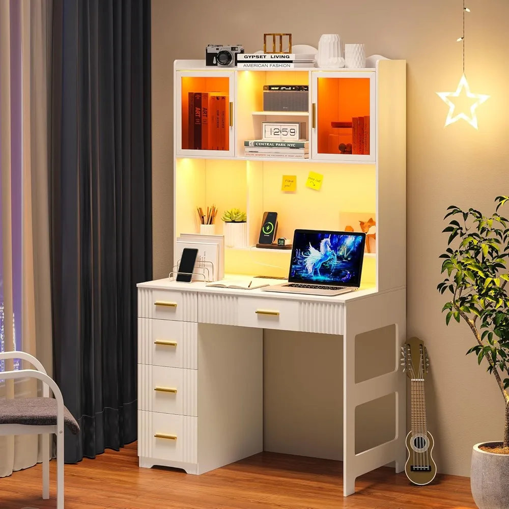 

LED-Illuminated Study Desk with Storage Hutch and Drawer, Home Office Workstation with Integrated Outlet, Computer Desk Featurin