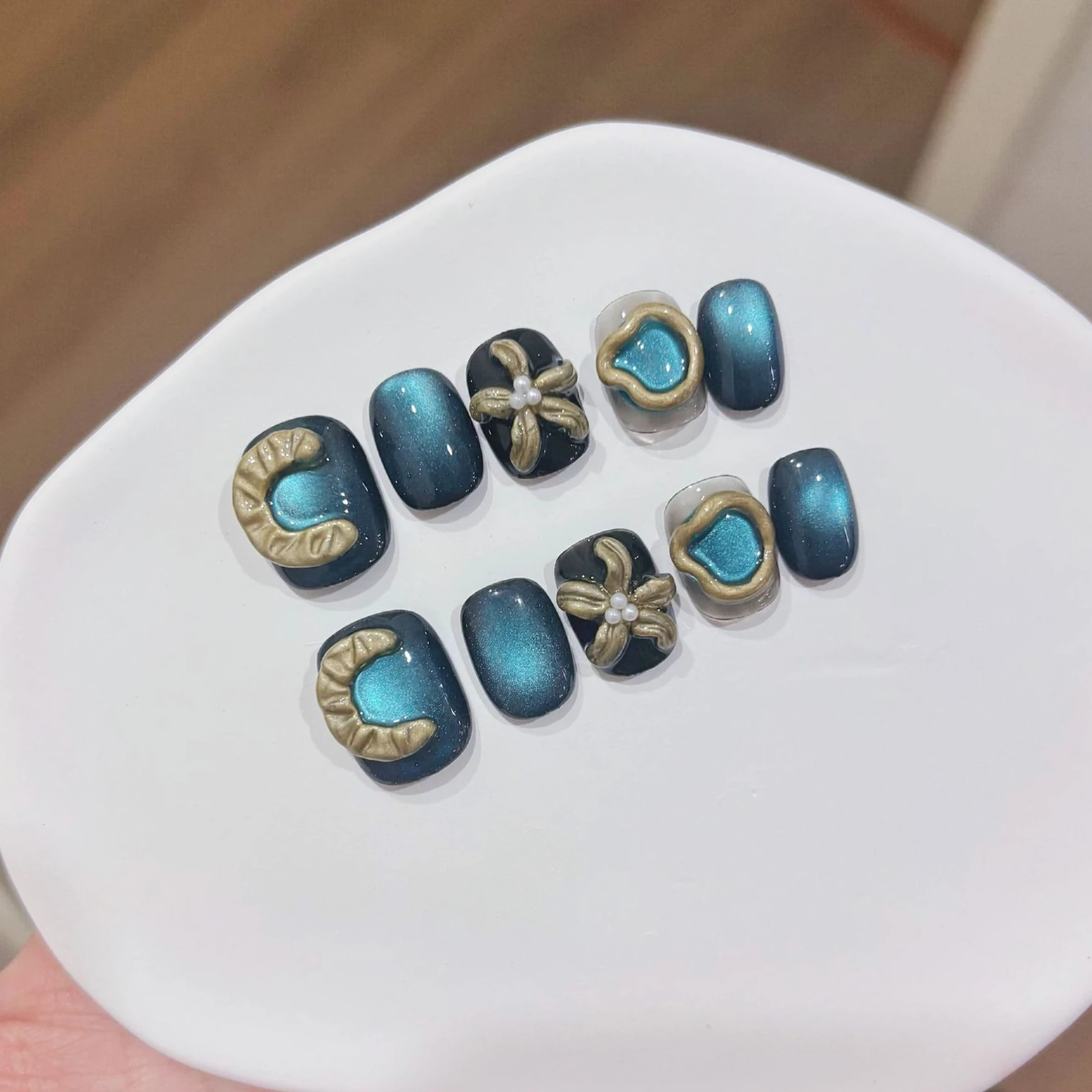 10 stuks zoete coole kunstnagels kort vierkant druk op nagels cat eye nepnagels handgemaakte donkergroene glitter nagel retro manicure nagel