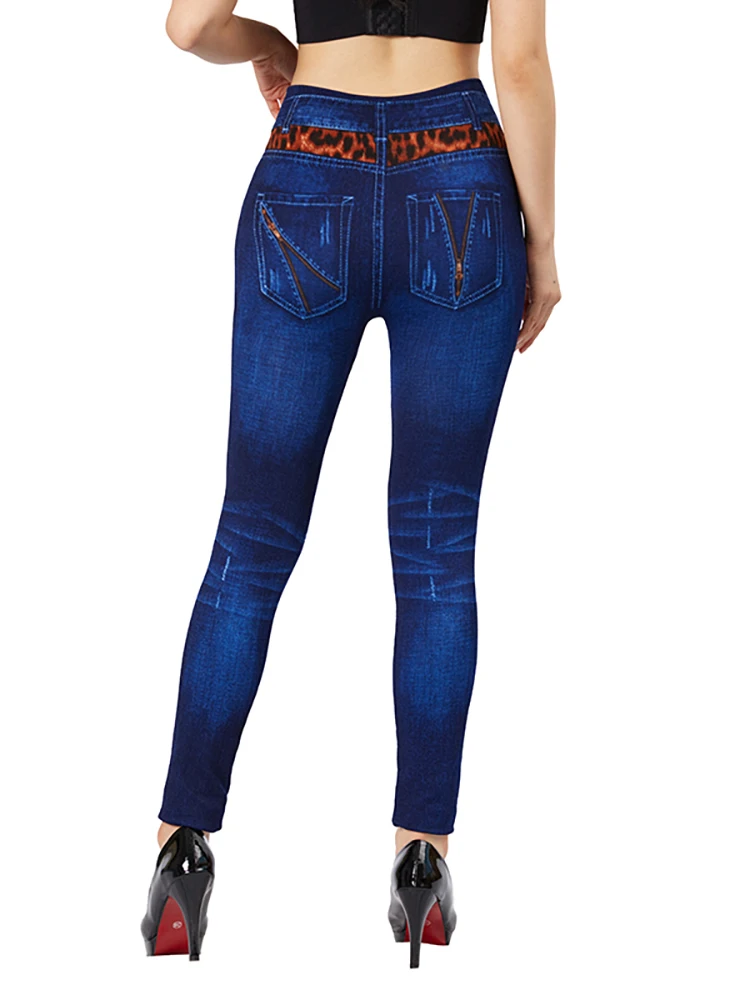 CUHAKCI Splice Leopard Blue False Jeans Fake Zipper Pockets Print Stretch Imitation Denim Pants Slim Fit Leggings Women Jeggings