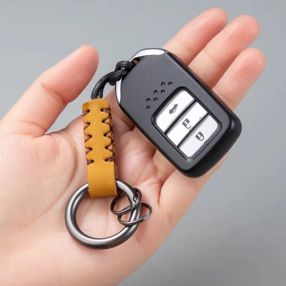 Handmade Cowhide Leather Key Chains for Men Women Car Keychain Lanyard Cotton Rope Strap Metal Keyring Gift Trendy Key Holder