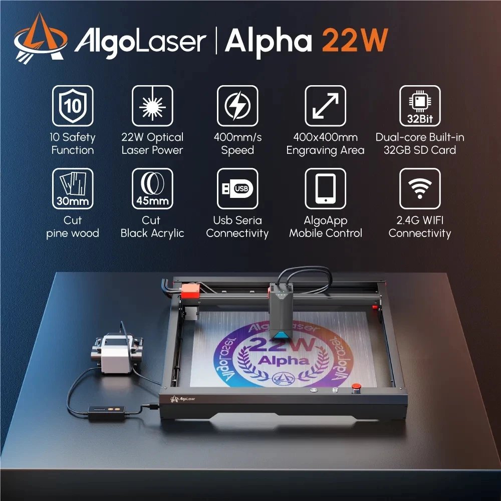 Algolaser 22W Cut Laser Engraver CNC Laser Cutter Metal Colorizing DIY Cutting For Wood Acrylic Leather Glass MDF Business Tool