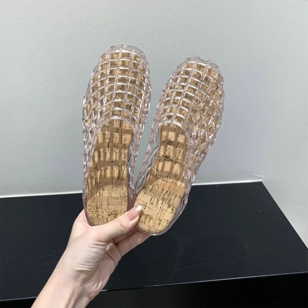 Round Toe PVC Crystal Slippers Soft Transparent Fishing Net Jelly Sandals Flat Low Bottom Non-Slip DIY Shoes Charms Shoes view 3