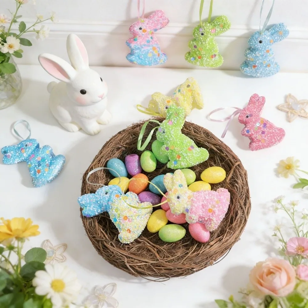 6Pcs Colorful Foam Easter Rabbit Painted Animal Mold Sequin Bunny Ornament Sparkle Hanging Easter Bunny Decor Outdoor Wreath - view 4