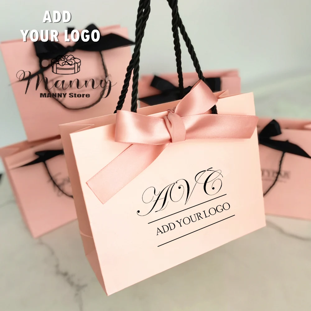 50X Custom Logo Gift Bags Box Packaging With Handle Wedding Gift Shopping Paper Bag Christmas/Boutique/Clothes Small business