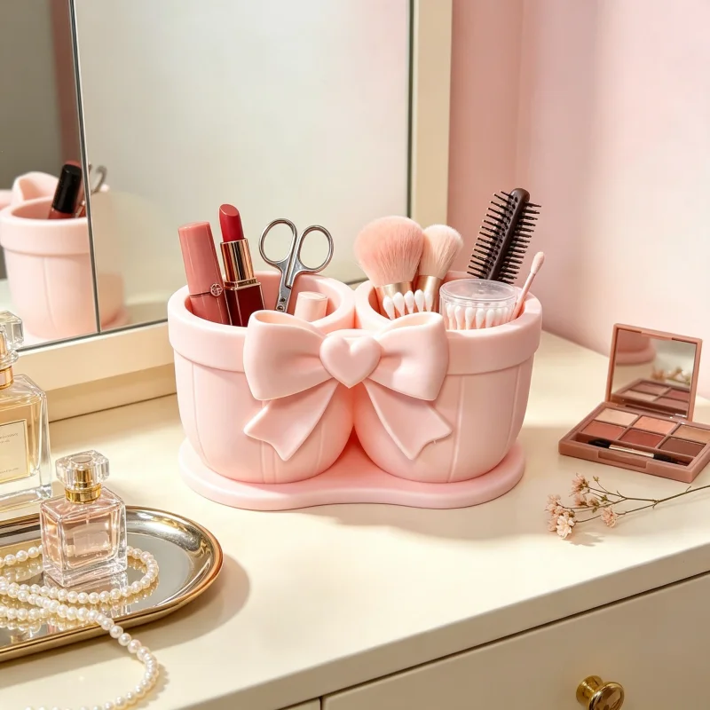 Beauty Makeup Organizer - 1-Piece Sweet and Cute Bow-Shaped Double-Tube