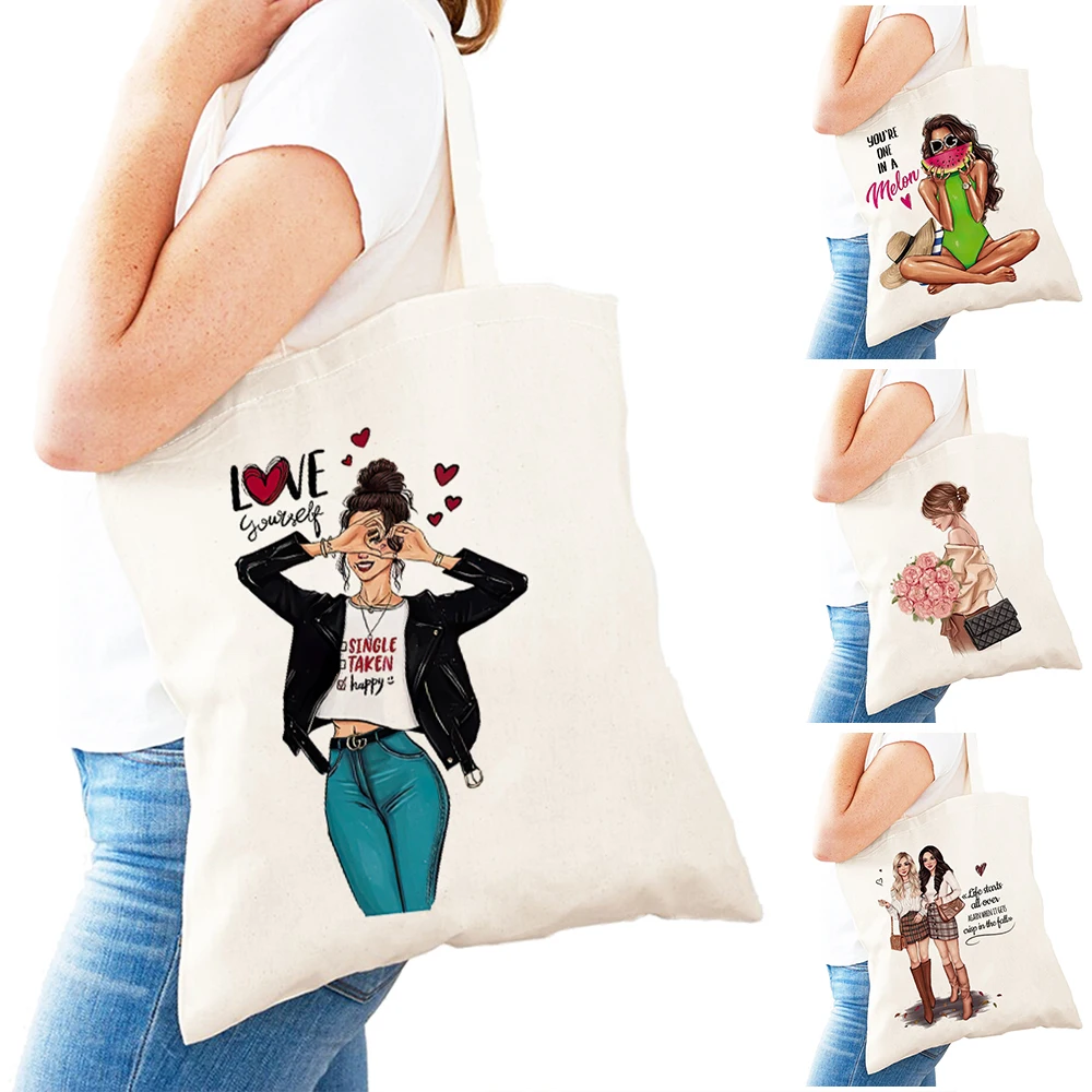 

Casual Life Cartoon Lady Shopping Bags Girl Shoulder Tote Children Double Print Handbag Lightweight Foldable Women Shopper Bag