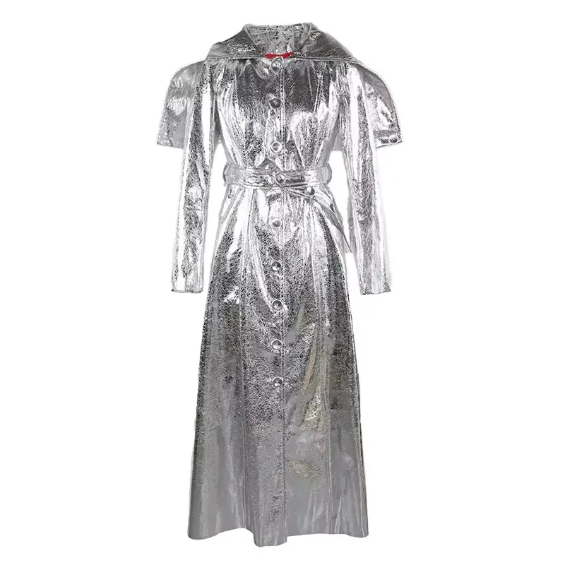 Mauroicardi Jesienny luksusowy elegancki złoty błyszczący płaszcz Maxi ze sztucznej skóry dla kobiet z kapturem Bardzo długa luksusowa designerska odzież