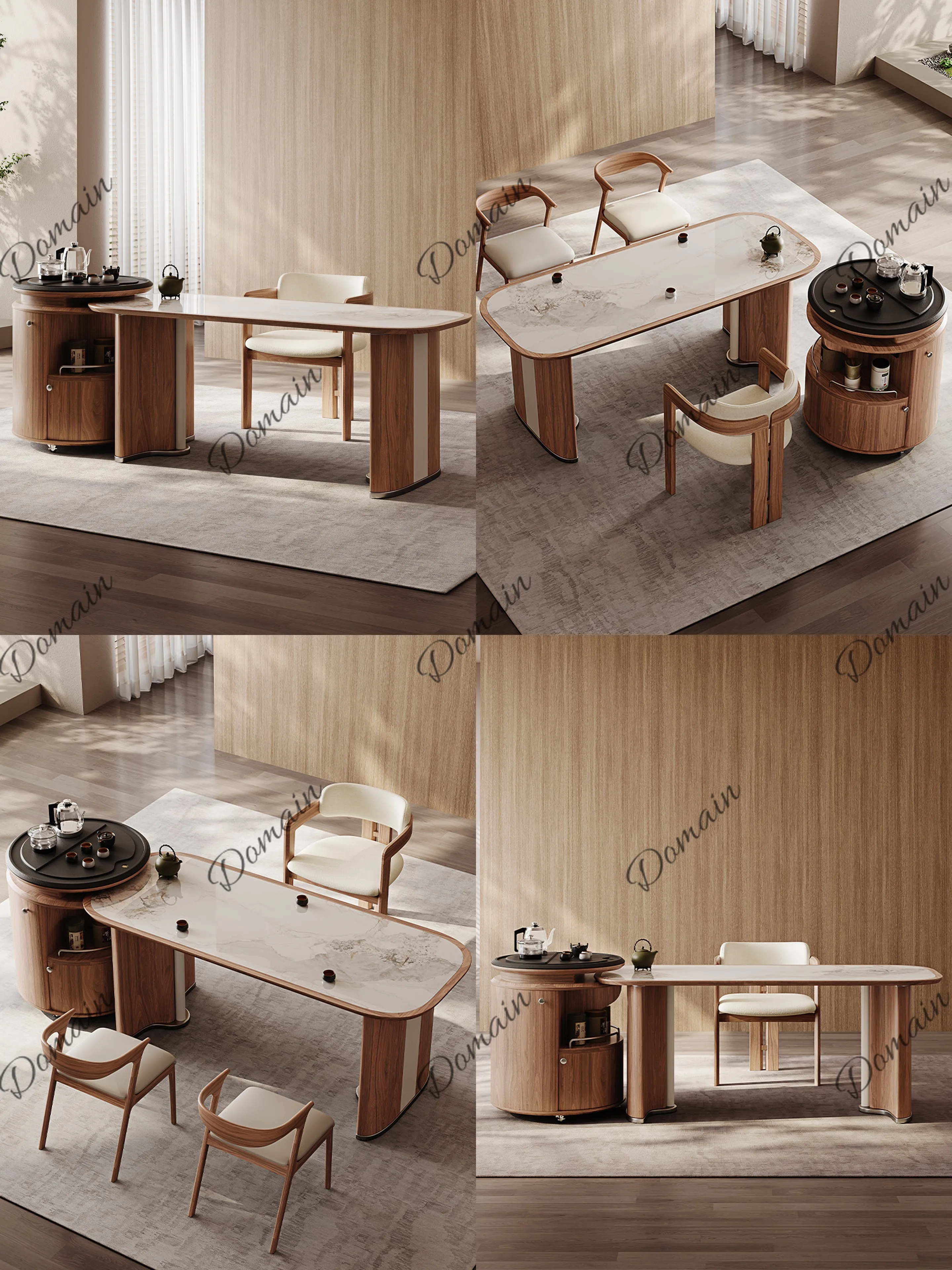 Solid Wood Rectangular Split Island Dining Table Retro Walnut Color Luxury Kitchen Living Room Table Chair Set