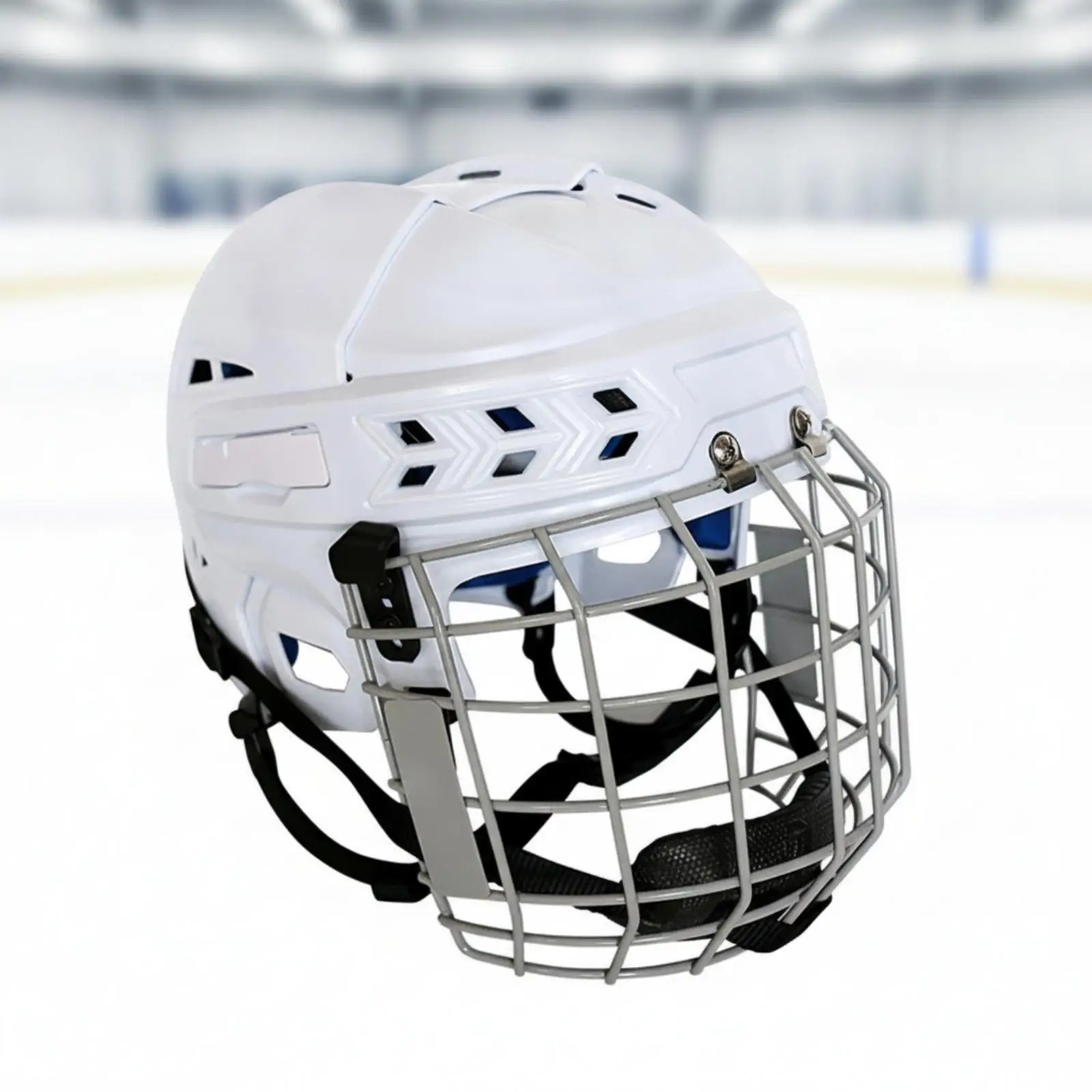 Sports Head Protector with Face Cage Hockey Helmet Secure Fit Chin Strap Blue Interior Padding for Ice Play