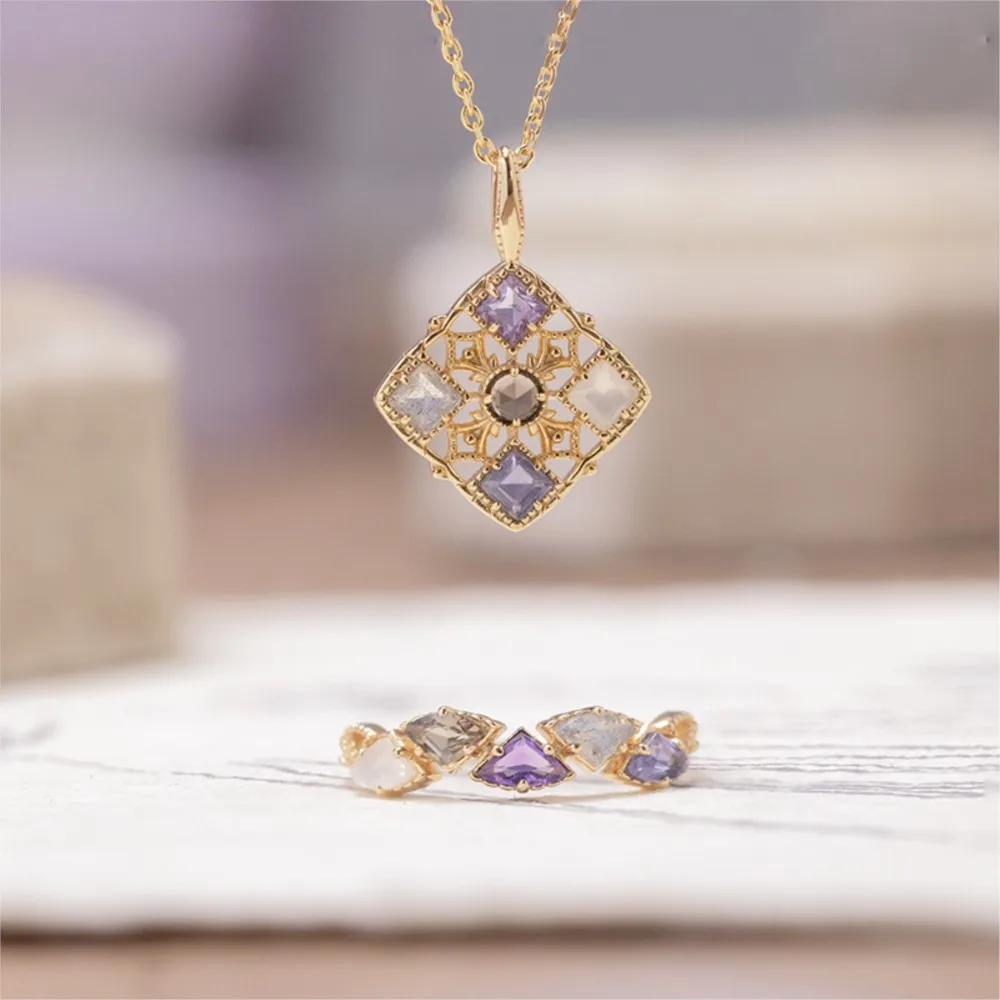 لامون الجمشت الطبيعي اللابرادوريت كورديونيت الأحجار الكريمة قلادة قلادة للنساء أنيقة S925 الفضة مطلية بالذهب غرامة مجوهرات #2