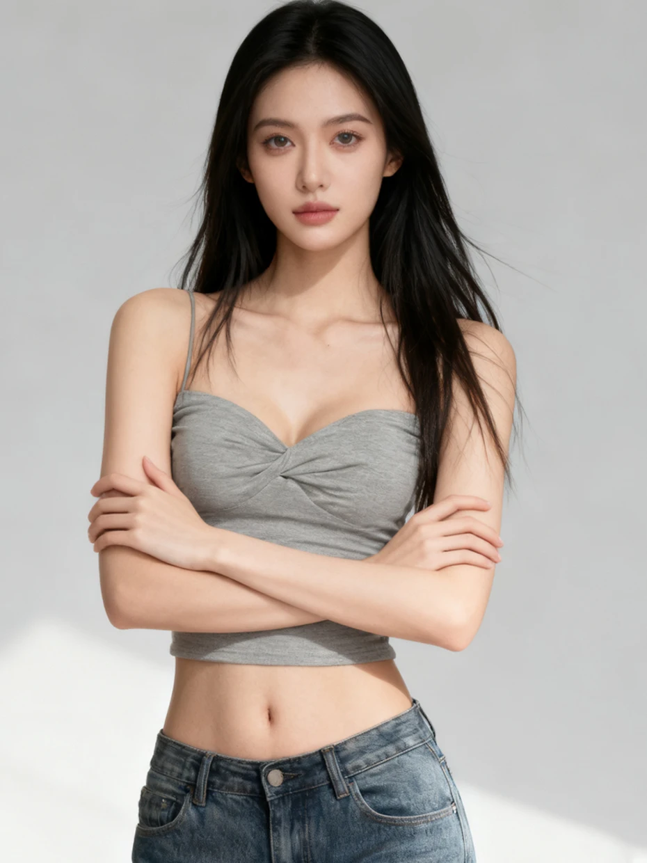 Sexy Black Strap Vest Women's Summer Short Top Pure Desire Outerwear Knot Design Commute Style High Elasticity V-neck Polyest...