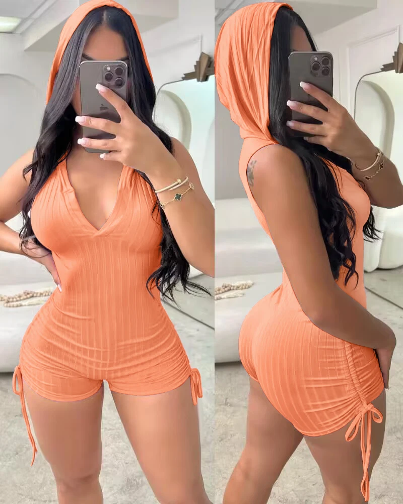 Side Drawstring Slim Fit Sleeveless Hooded Romper