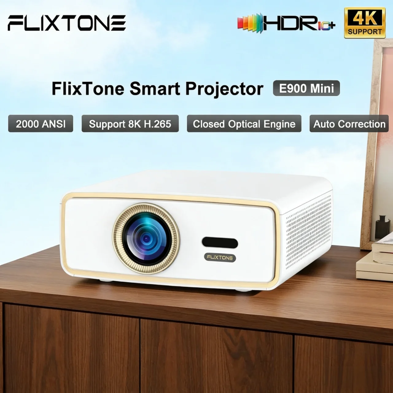 

Flixtone E900 mini projector supports 4K decoding, mini portable 2000ANSI lumens, with HDR10 WiFi home theater