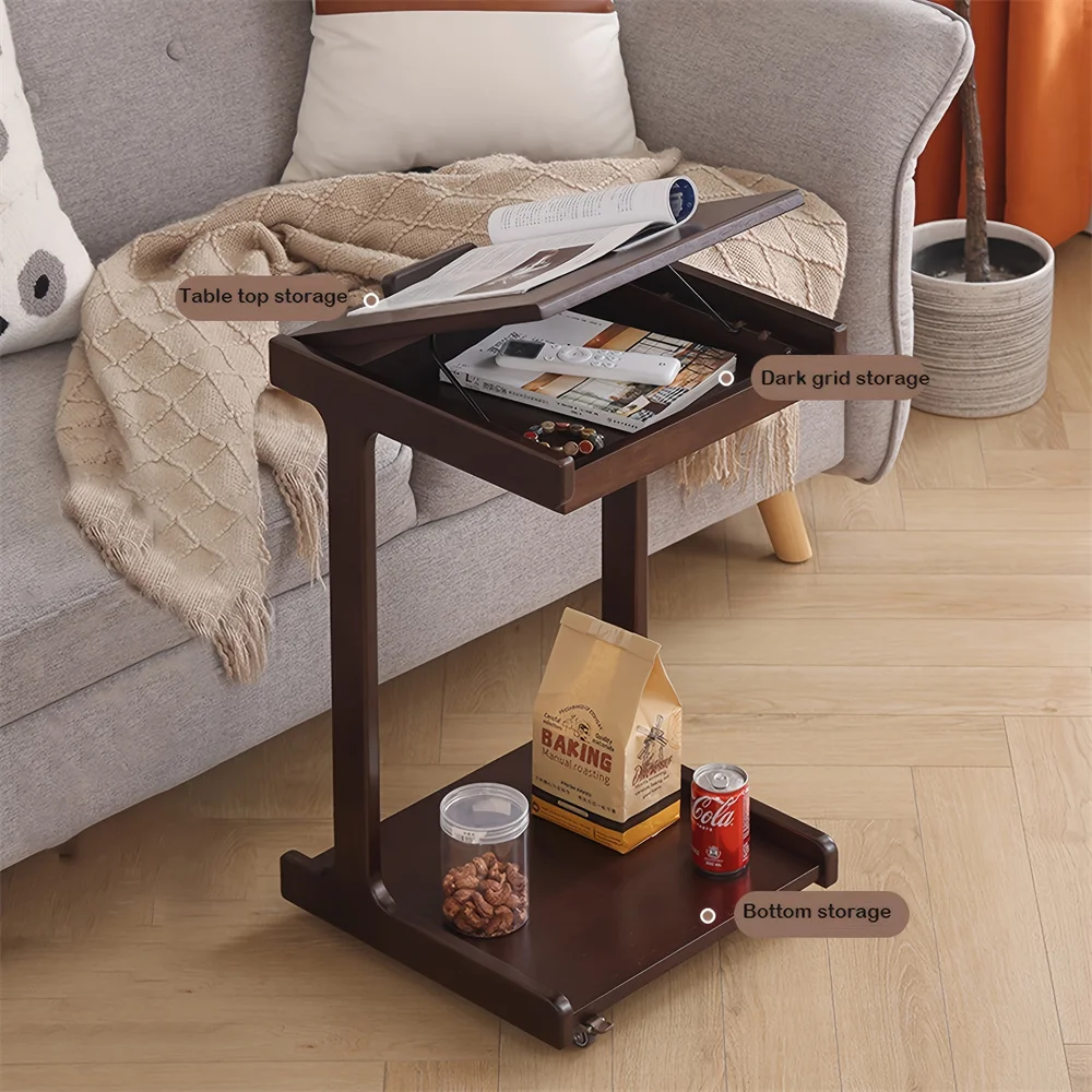 

Solid wood movable sofa side table, mini coffee table snack storage rack, household C-shaped computer table, bedside small cart