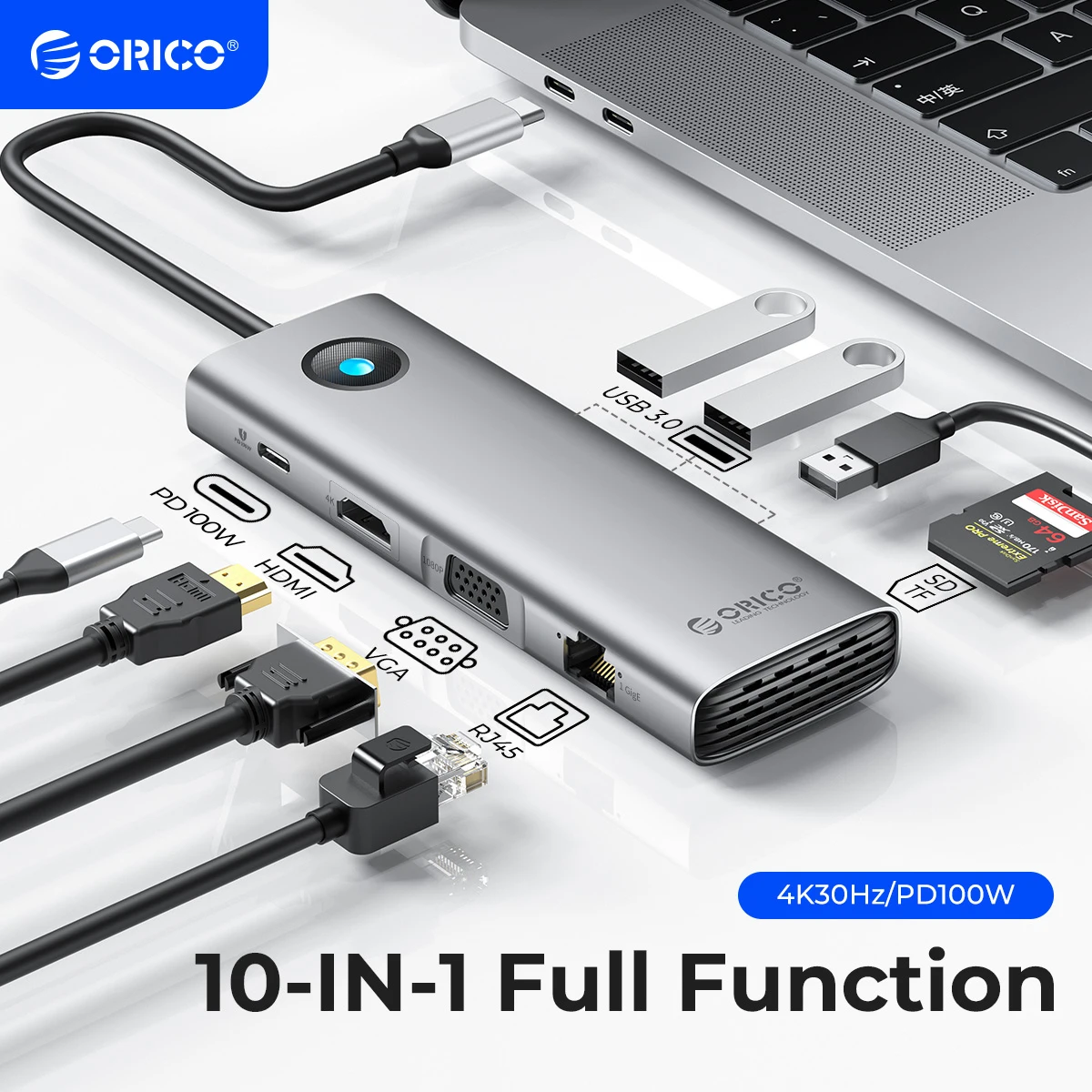 Estação de encaixe orico tipo c hub para 4k60hz hdmi-adaptador usb 3.0 rj45 pd100w carga para macbook pro acessórios para laptop