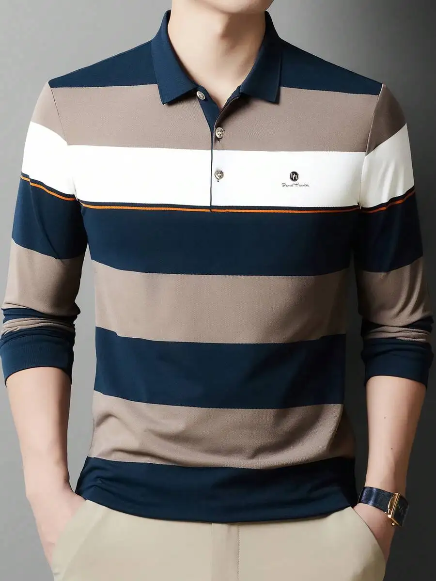 

Men's Long Sleeve Striped Polo Shirt, Lightweight Casual Top for Spring Autumn