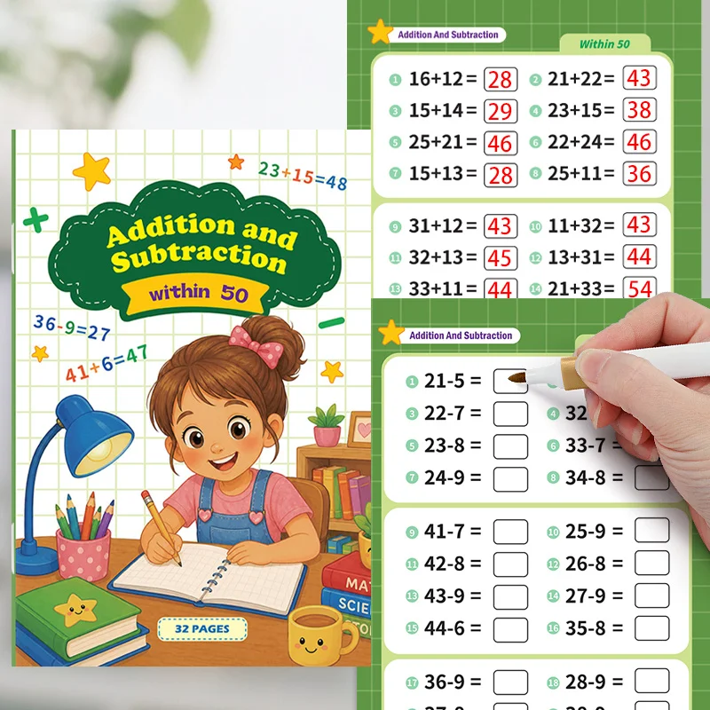Arithmetic Exercise Book for Addition and Subtraction Within 50, 32 Pages Math Oral Calculation English Arithmetic Problem