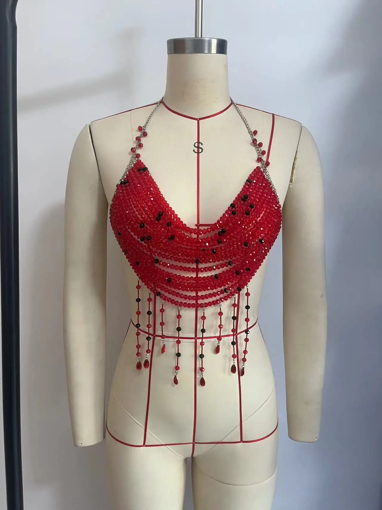

Ladies Body Chain Jewelry Red Beads Sexy Hollow Out Streetwear for Beach Dance Party Club Festival Performance Attire