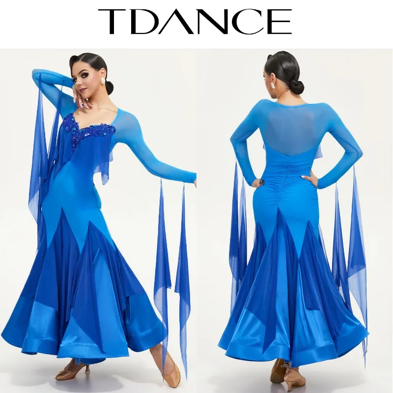 Customized TDANCE Balloom Modern Dance Skirt Blue Hand Sewn Stone Performance Dress Elegant National Standard Dance Dress SM11]