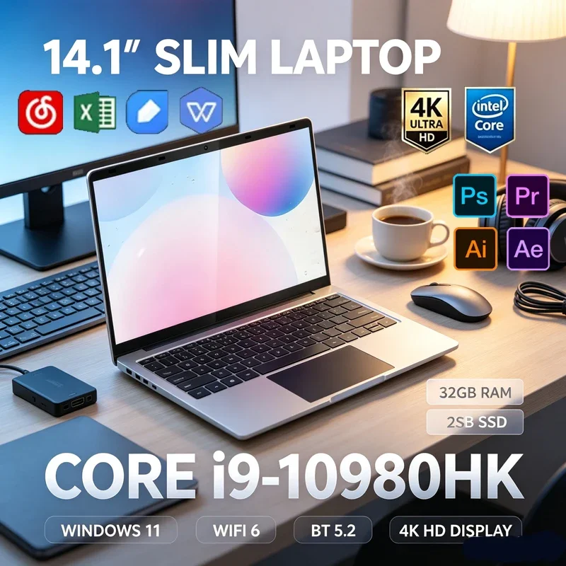 Intel i9-10980HK 14.1" Thin Laptop 32GB RAM 2TB NVMe SSD Win11 Pro WiFi6 BT5.2, 4K Notebook for Gaming, Design, Editing & Office