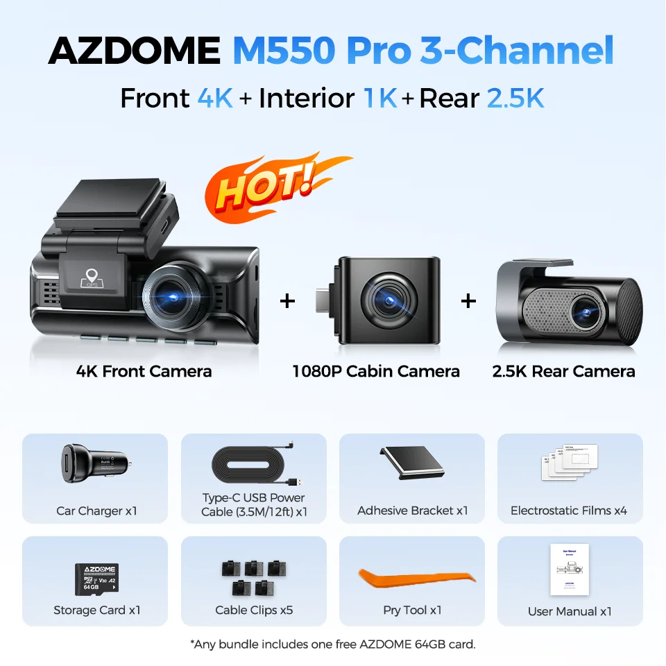 【DE Lagerhäuser】Neue AZDOME Dashcam 4K+1K+2.5K M550 Pro mit integriertem 5,8 GHz WLAN, GPS, ADAS, Auto-DVR, Nachtsicht und Parküberwachung